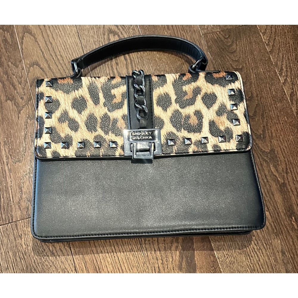 Badgley Mischka Leopard Print Studded Satchel Black Top Handle Purse